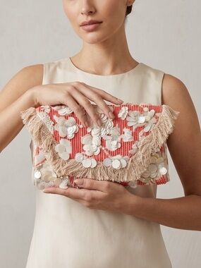 Anthropologie Beaded Embellished Orange Fringe Clutch